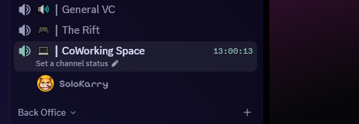 The Wandering Pro coworking voice channel in Discord, timer reading 13:00:13. One member, SoloKarry, sitting in the channel.